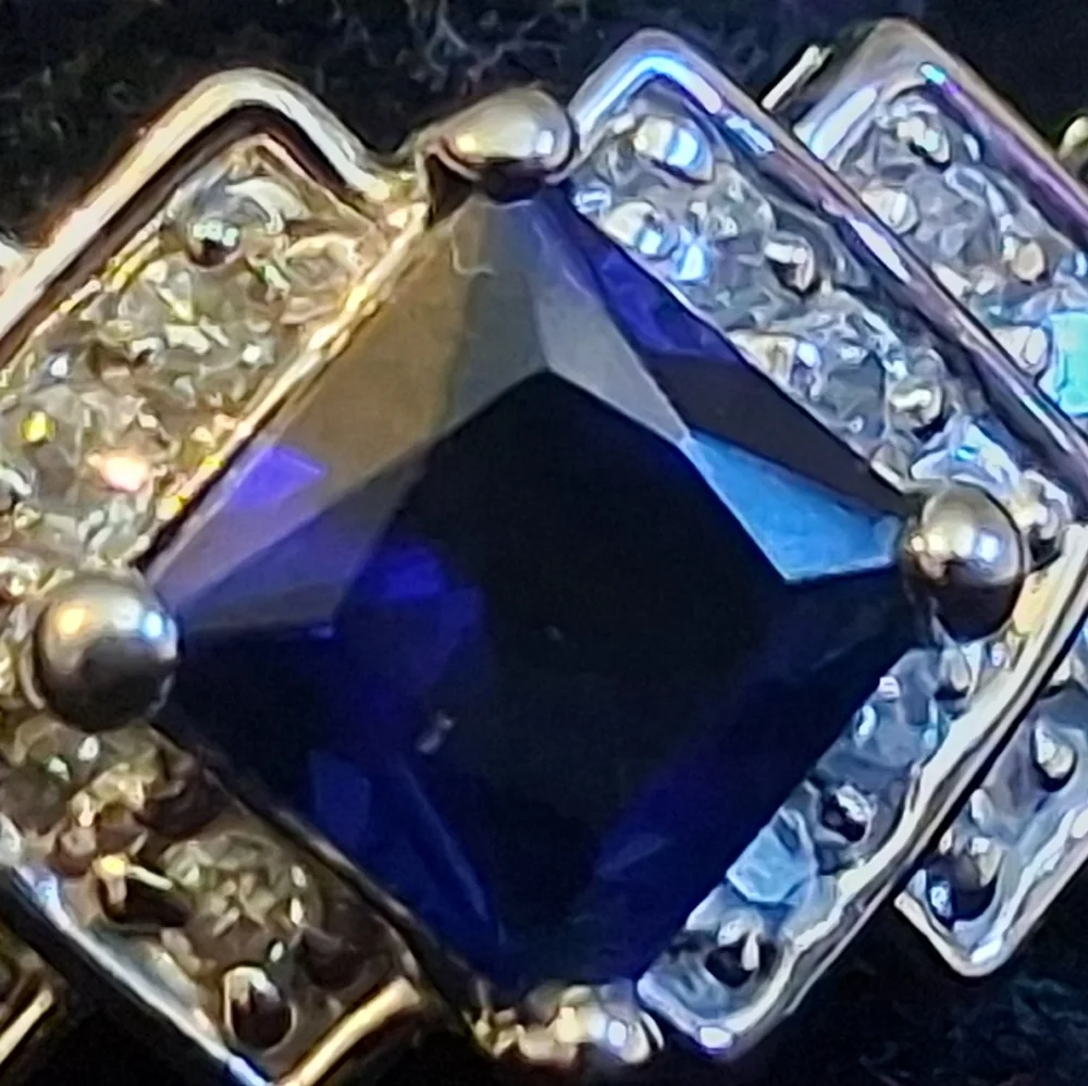 Sterling Silver Women's Ring With Faux Sapphire And Diamonds Size 10 3/4